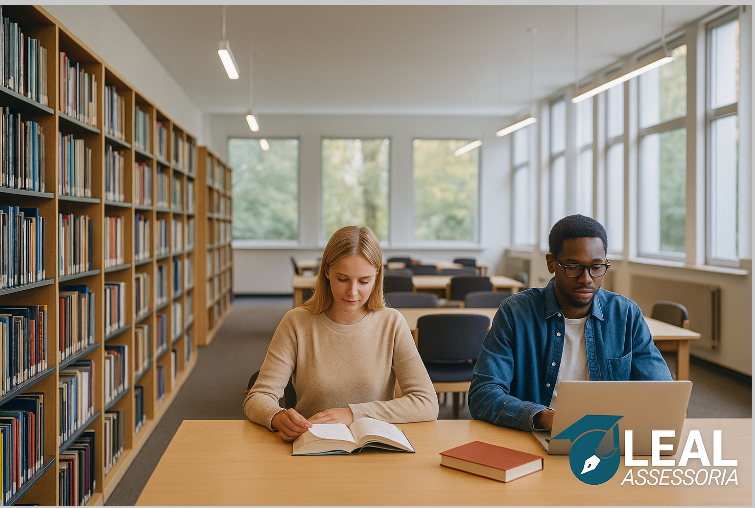 Estudantes em biblioteca usando computador e livros – Blog Acadêmico da Leal Assessoria.