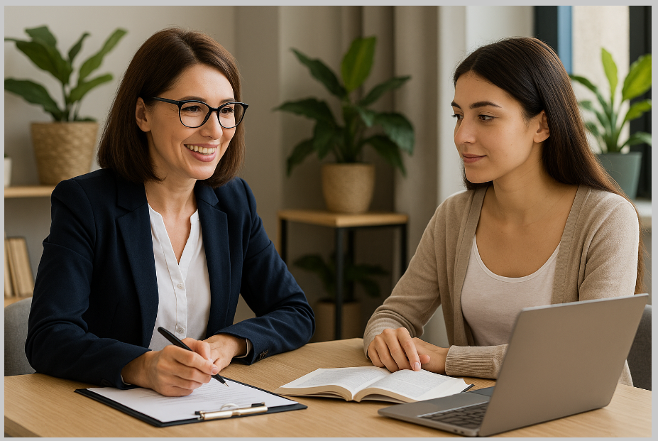 Consultoria acadêmica com atendimento humanizado sendo realizada entre duas mulheres em ambiente de estudo.